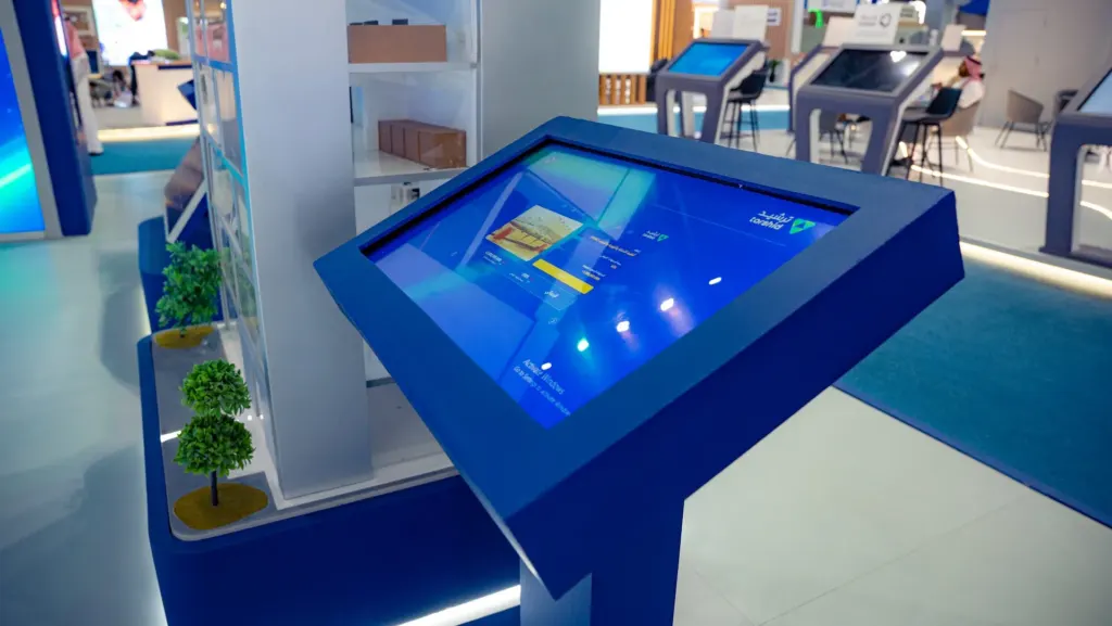 Angled touchscreen kiosk on the Tarshid stand